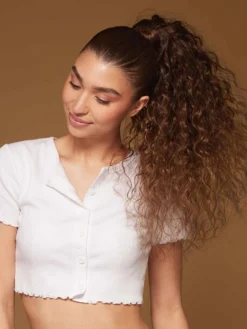 20" Chocolate Brown Balayage Curly Ponytail Extension (120g) -Hair Extensions Shop Luxy Hair Extensions Clip In Curly Ponytail Chocolate Brown Balayage After 3