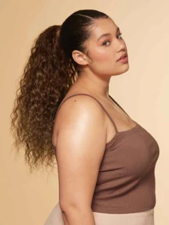 20" Dark Ash Brown Balayage Curly Ponytail Extension (120g) -Hair Extensions Shop Luxy Hair Extensions Clip In Curly Ponytail Dark Ash Brown Balayage After 1
