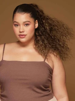 20" Dark Ash Brown Balayage Curly Ponytail Extension (120g) -Hair Extensions Shop Luxy Hair Extensions Clip In Curly Ponytail Dark Ash Brown Balayage After 3