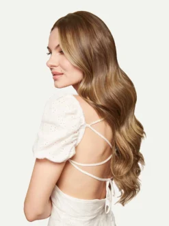 20" Chestnut Brown Highlights Halo® Hair Extensions (180g) -Hair Extensions Shop Luxy Hair Extensions Chestnut Brown Highlights 20 After Side2