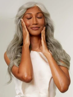 20" Seamless Light Gray Clip-Ins (180g) -Hair Extensions Shop Luxy Hair Extensions Light Grey 20 After Closeup 2