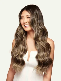20" Mocha Brown Highlights Halo® Hair Extensions (180g) -Hair Extensions Shop Luxy Hair Extensions Mocha Brown Highlights 20 After Front1
